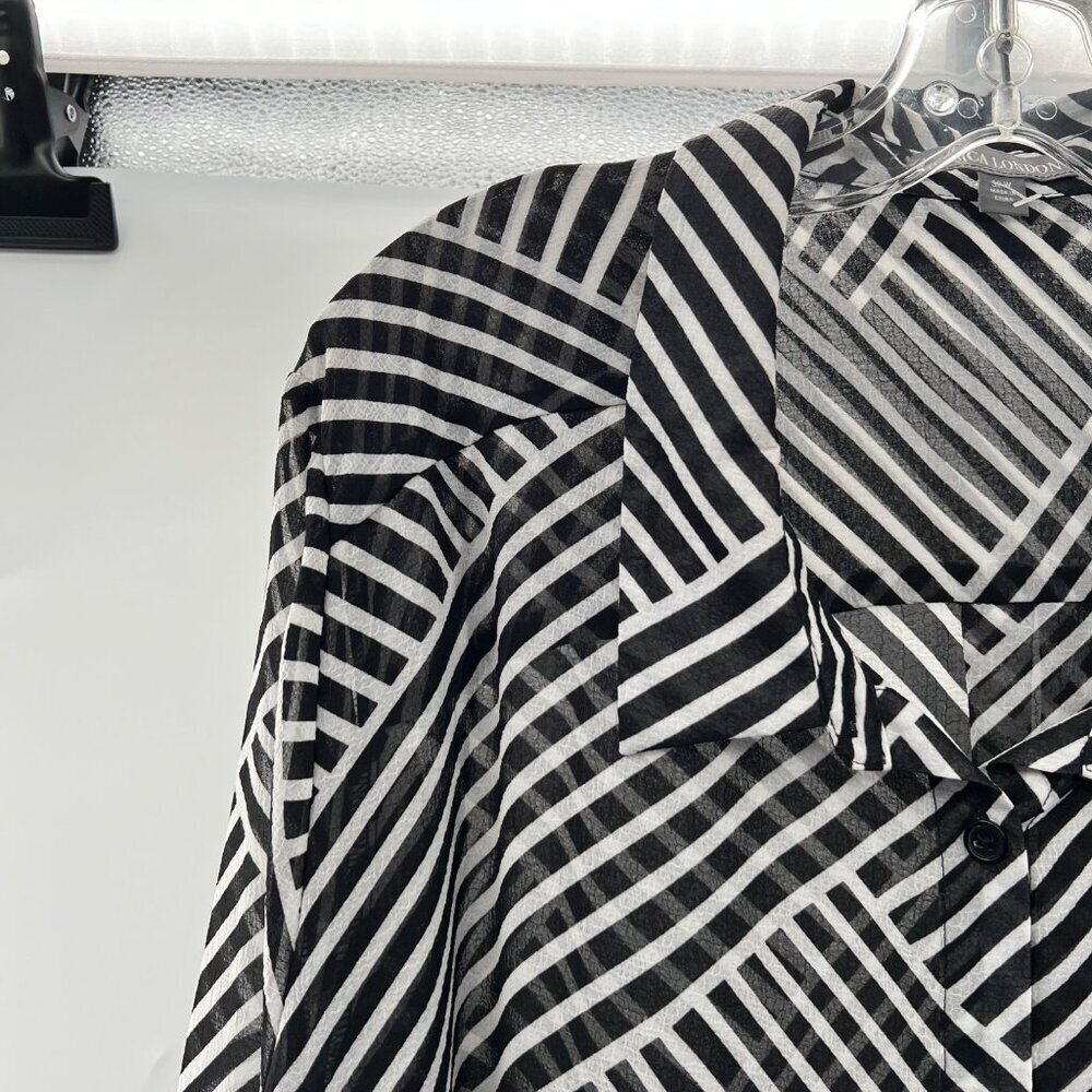 Jessica London Sheer Shift Dress Button Up Black/White Long Roll Tab Sleeve 32W - Picture 5 of 9